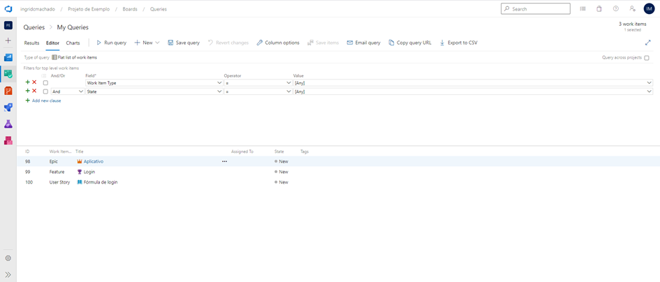 Work items sendo exibidor no editor de queries após a consulta